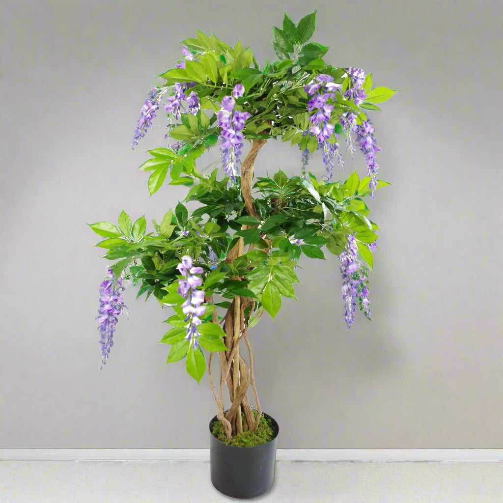 110cm artificial purple wisteria tree with realistic green foliage in a black pot.
