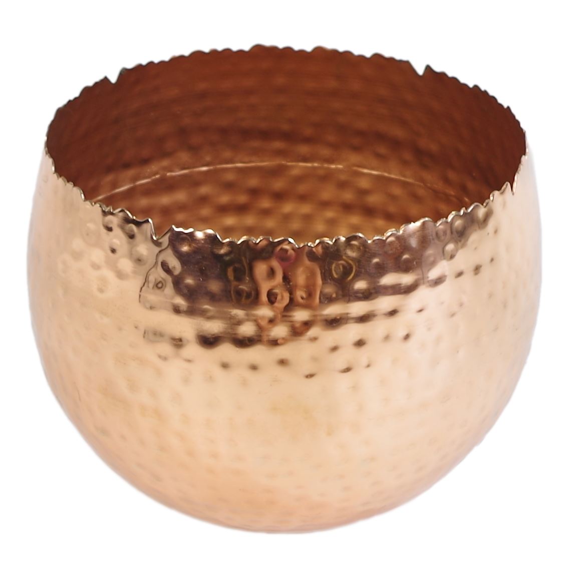 Large hammered copper planter with curved rim on a white background.