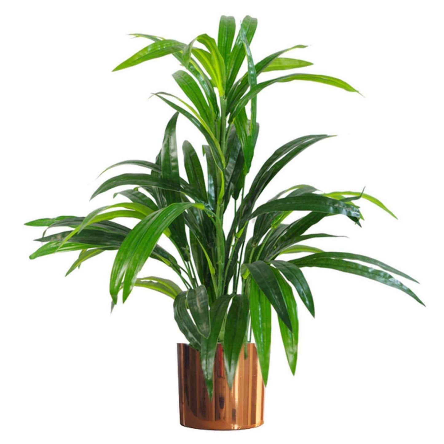 Artificial bamboo plant with large green leaves in a shiny copper metal pot on a white background.