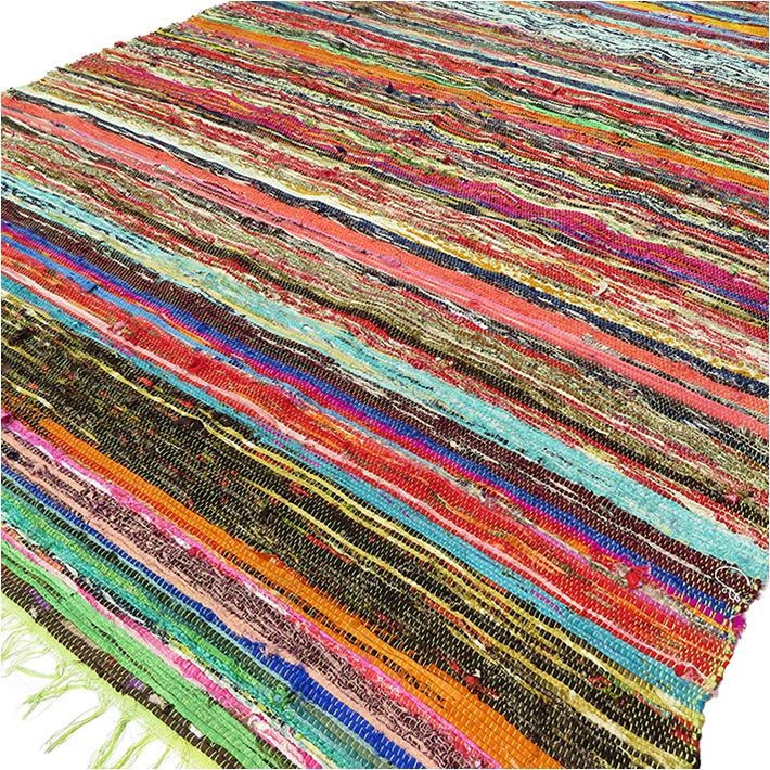 Close-up of a multicoloured woven rag rug with vivid red, green, and turquoise threads.