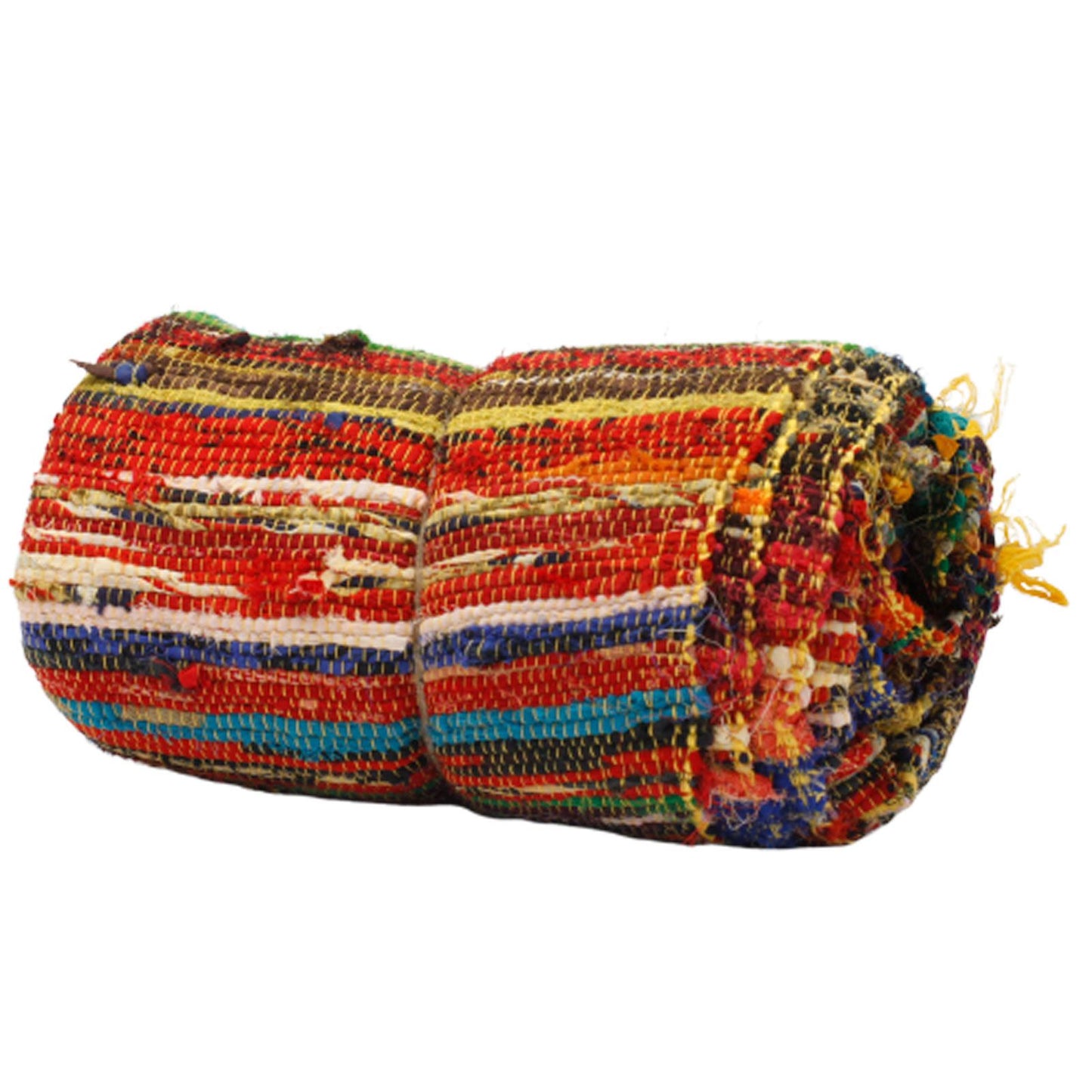 Rolled rug with dominant red and orange tones on outer edge.