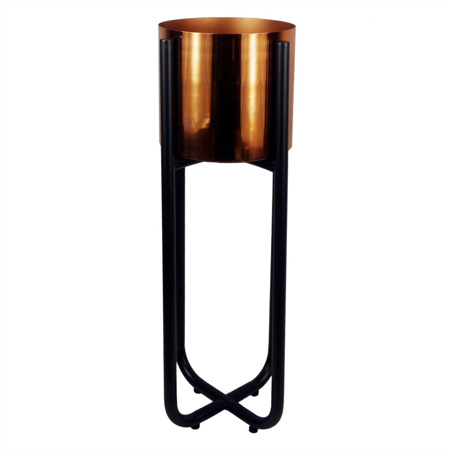 Tall black powder-coated metal stand with copper-finish planter, 62cm high, no plant.