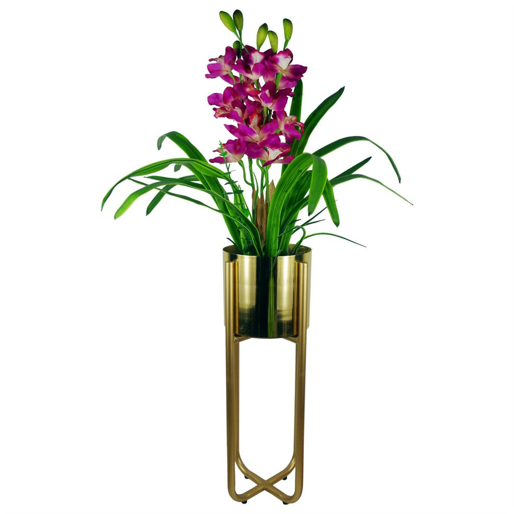 Tall gold metal planter with stand, holding a vibrant purple flowering plant, 62cm high.