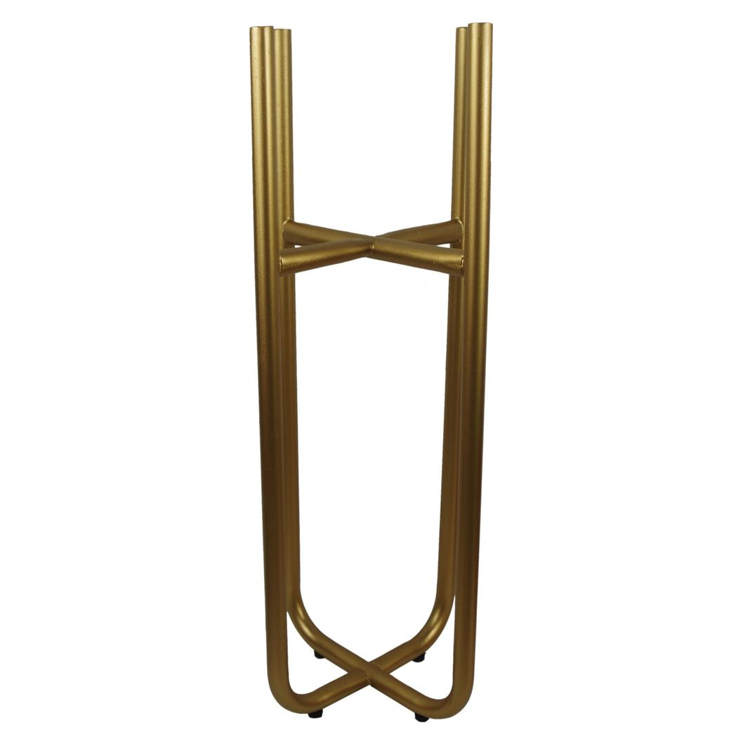 Gold powder-coated metal planter stand, slim frame with cross brace at base, 62cm high.