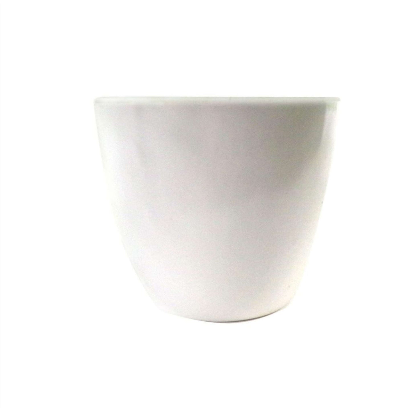 Plain white rounded plastic pot for artificial fern, isolated on white.
