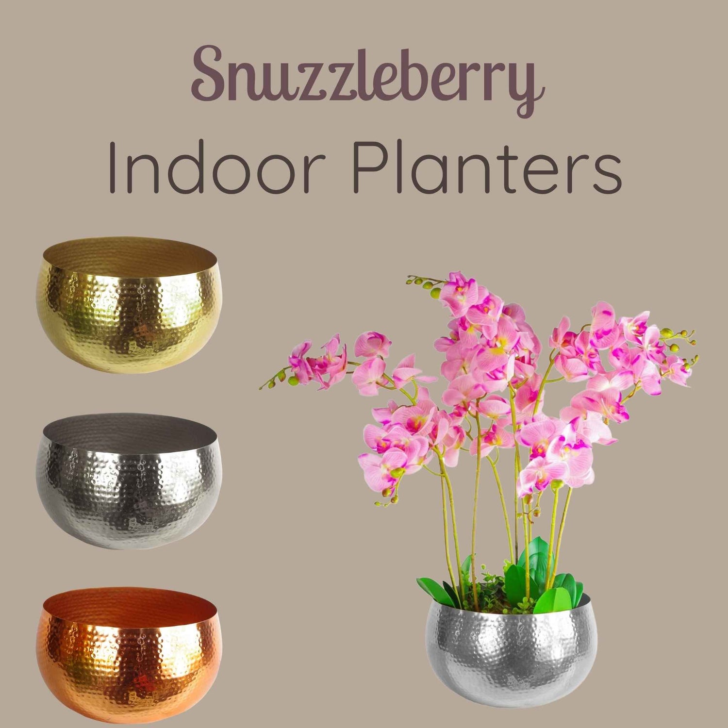 Three metallic indoor planters in gold, silver, and copper finishes, alongside a silver planter with vibrant pink orchids from the Snuzzleberry Indoor Planters collection.