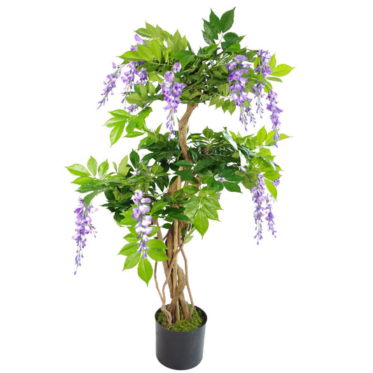 Full view of the faux wisteria tree with cascading lilac flowers and a twisted trunk.