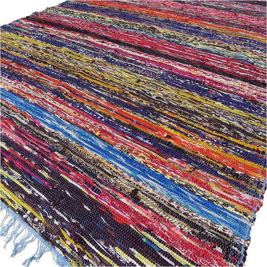Close-up view of woven textures in the rug—yellow, purple, blue, and red threads.