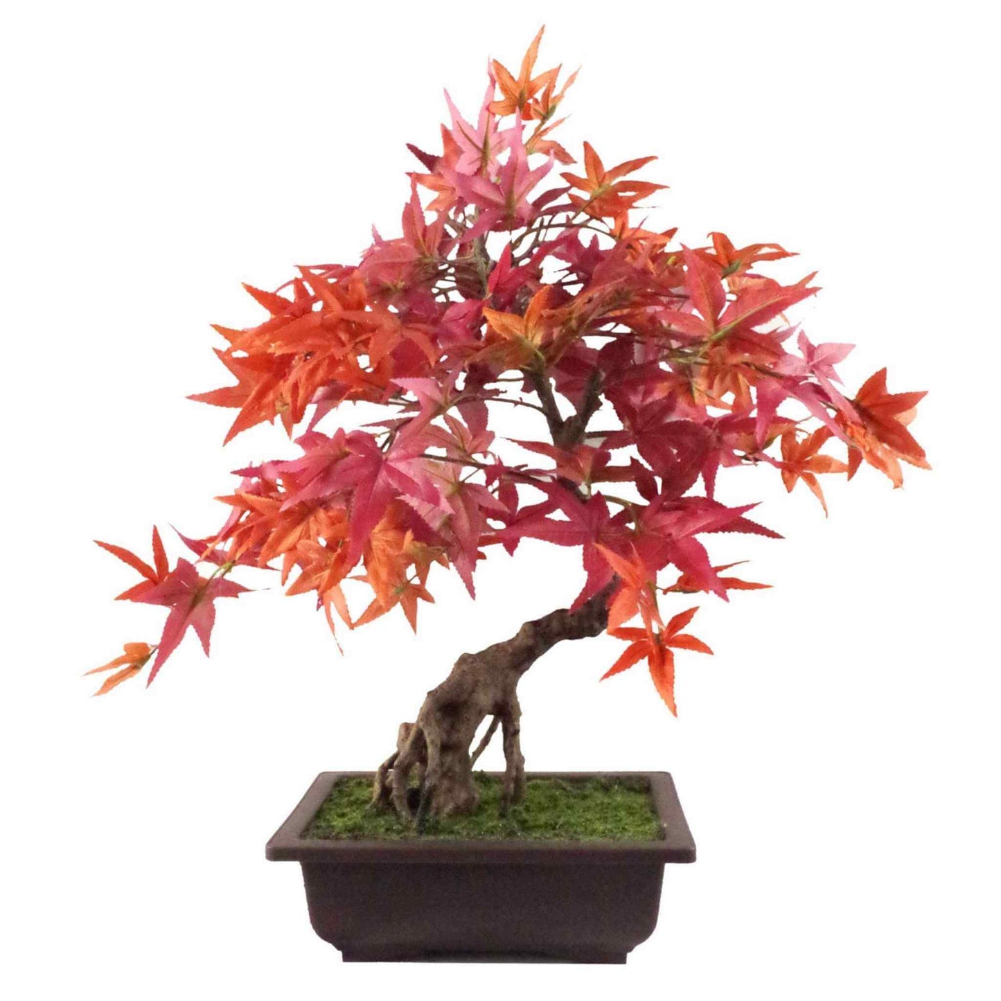 Full view of an artificial bonsai tree with red and orange maple leaves and a textured trunk in a brown pot.