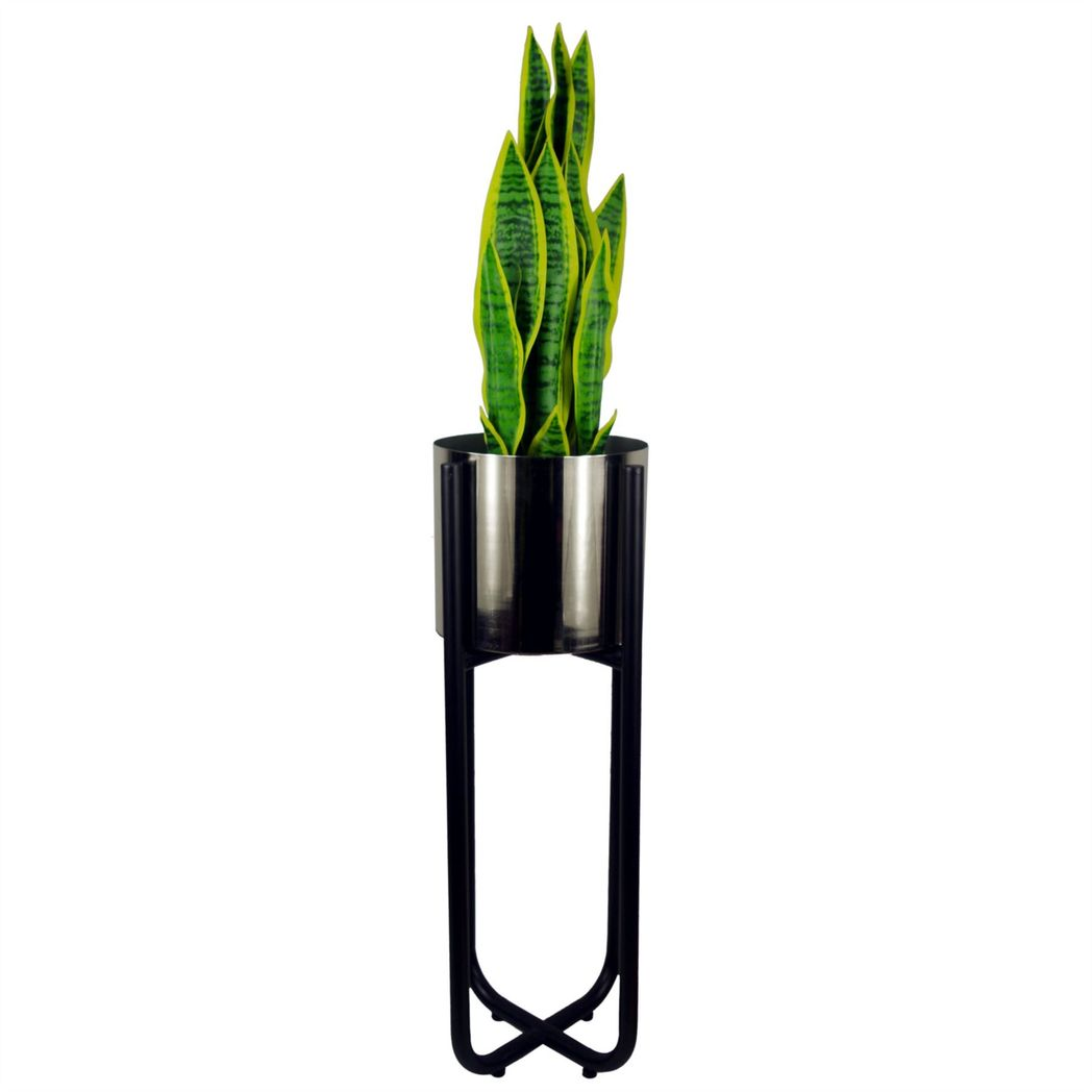 Silver metal planter in a black stand with a tall green plant, 62cm display, on a white background.