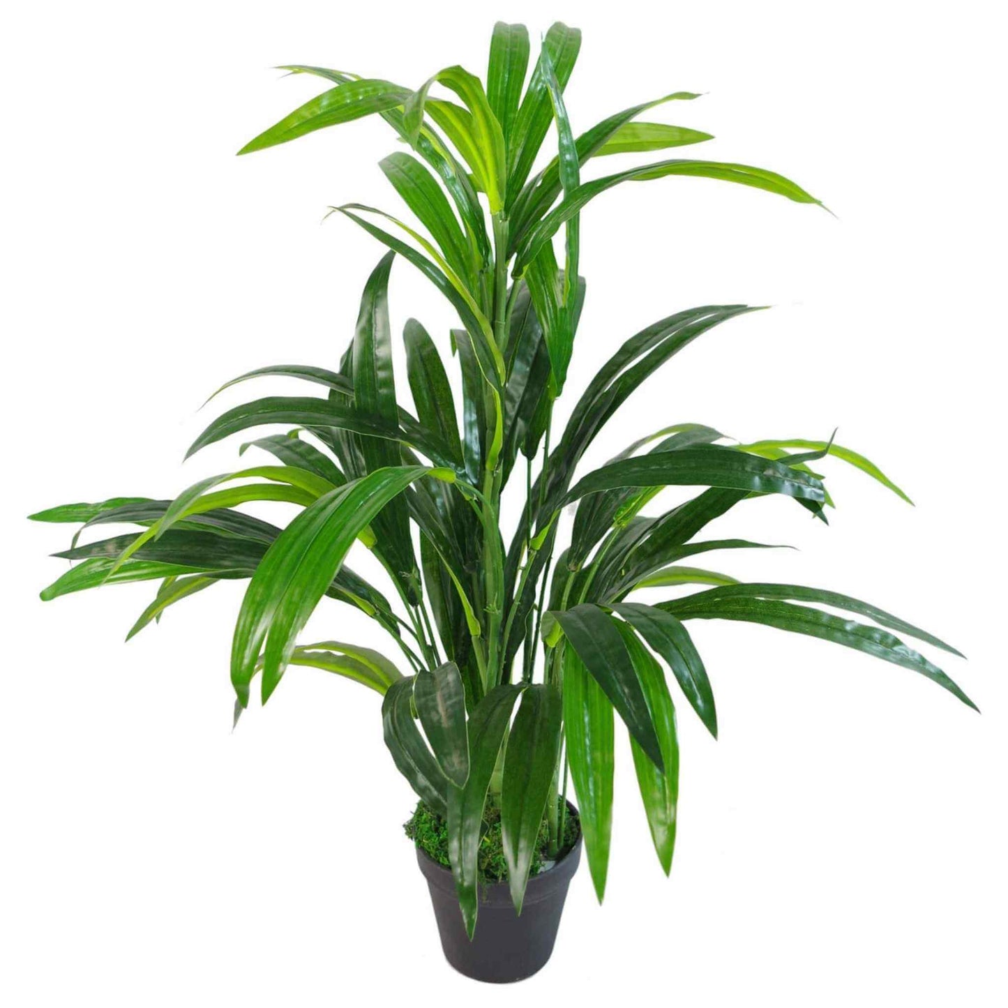 Artificial green bamboo plant in a plain black pot, showing tall, lifelike foliage.