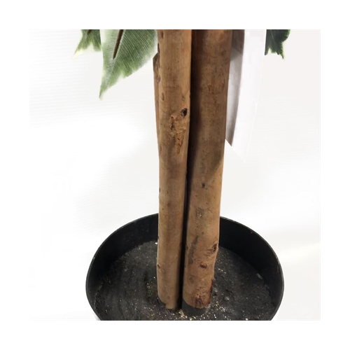 Close-up view of the artificial ficus tree’s natural-look wooden trunk and black base pot.