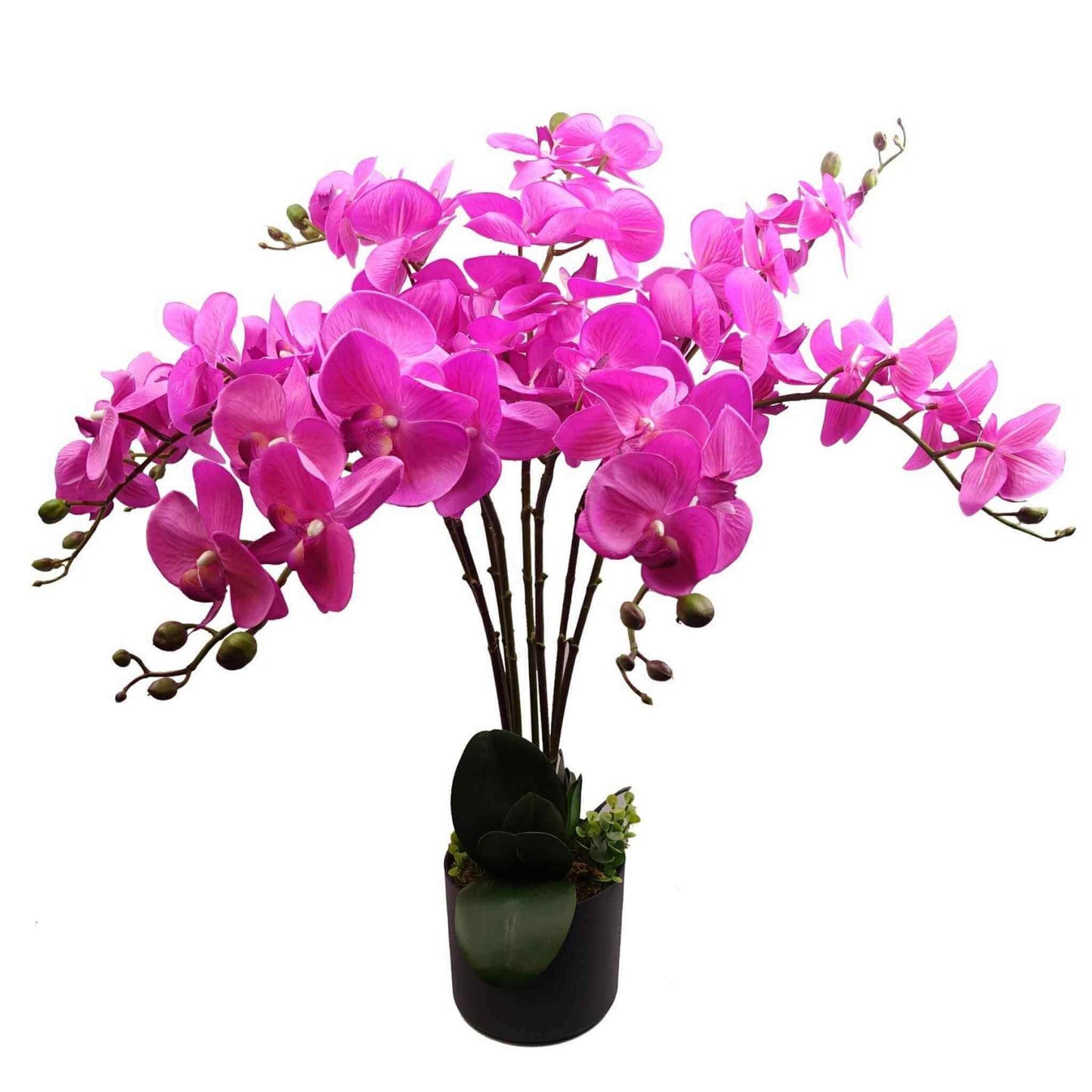 85cm artificial dark pink orchid in a black pot with multiple stems and realistic flowers, against a white background.