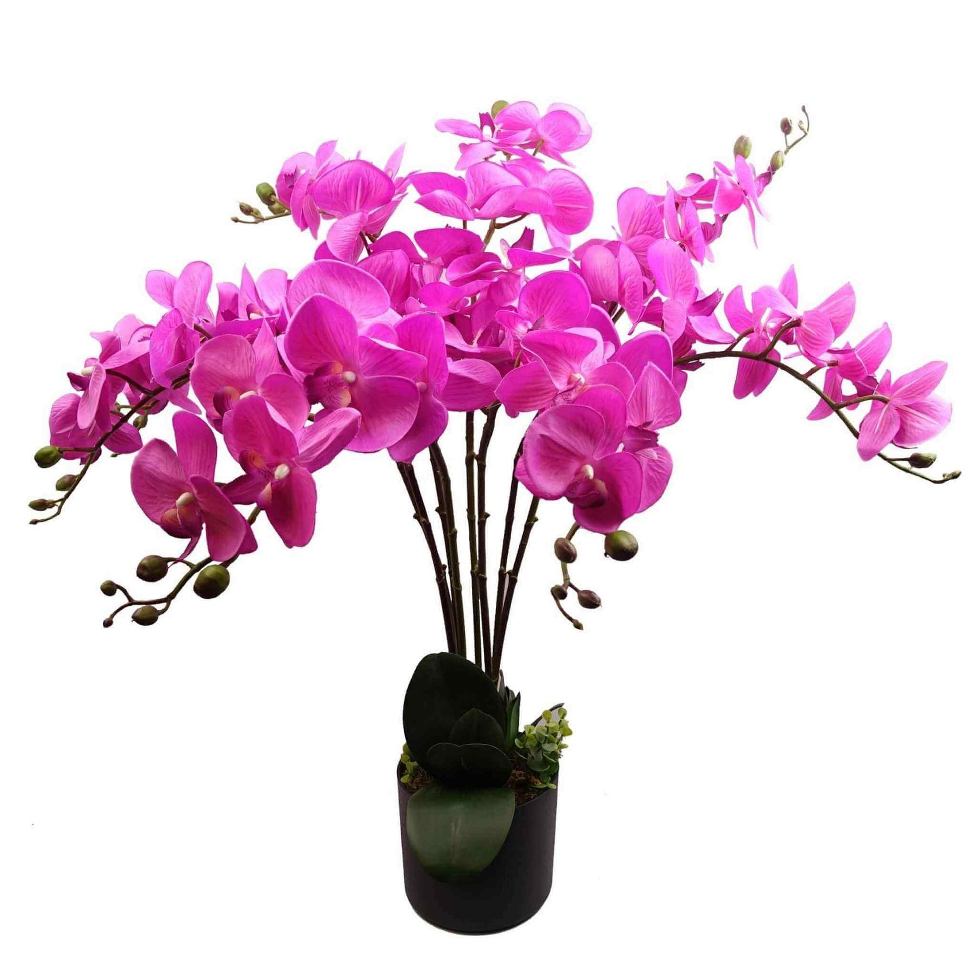 85cm artificial dark pink orchid in a black pot with multiple stems and realistic flowers, against a white background.