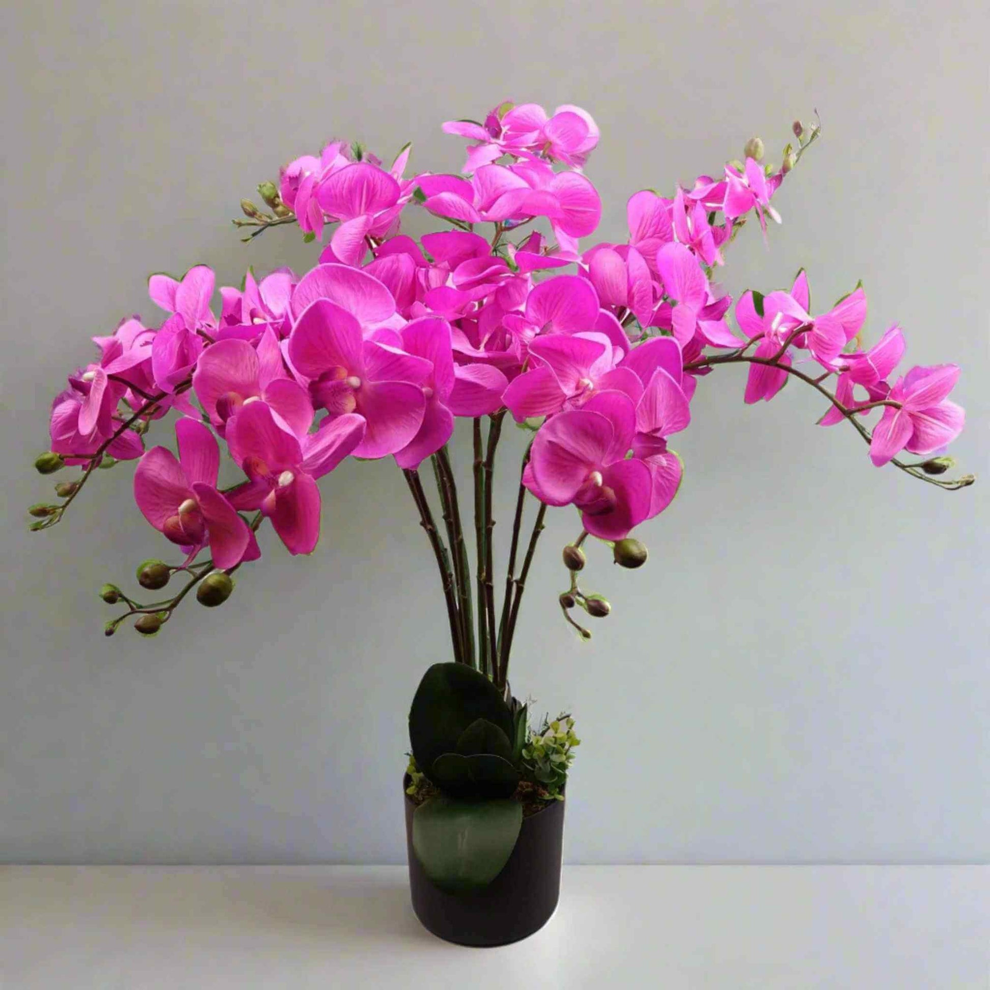 Tall artificial bush orchid, 85cm, with dark pink flowers in a black pot on a light surface against a grey wall.