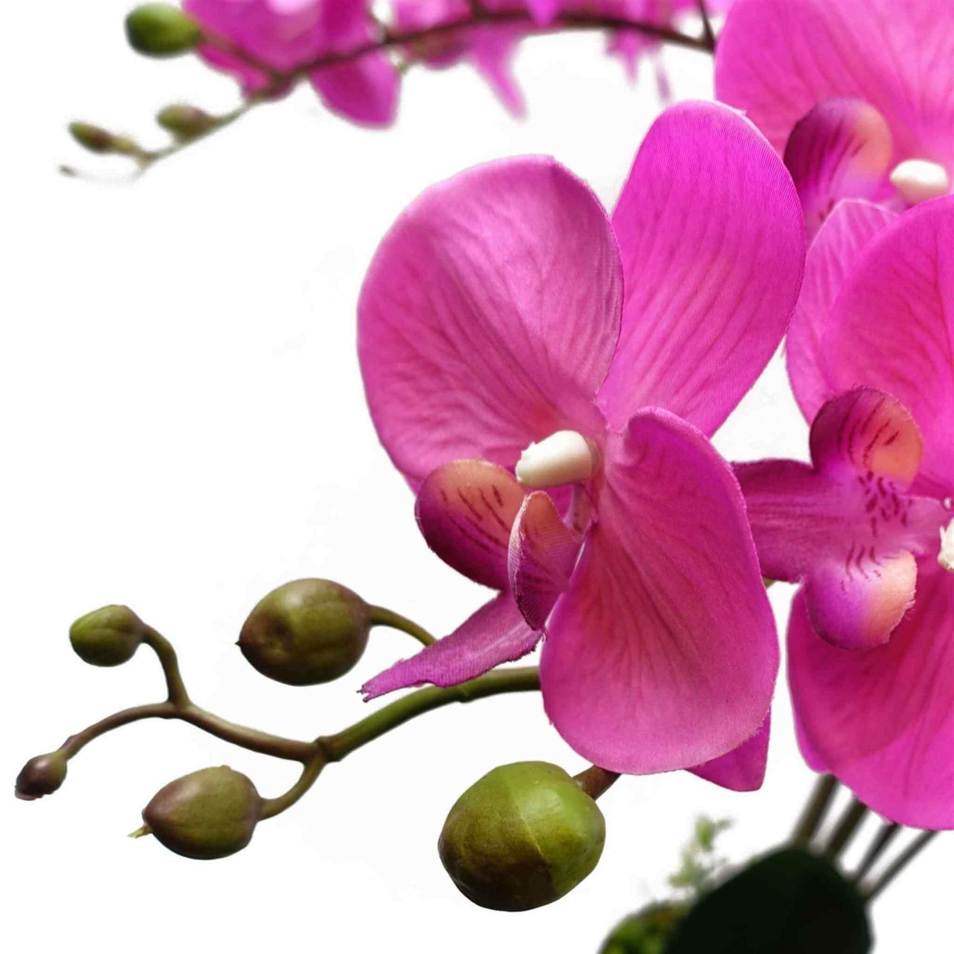 Artificial orchid buds and pink petals close-up, showing natural shape and finish.