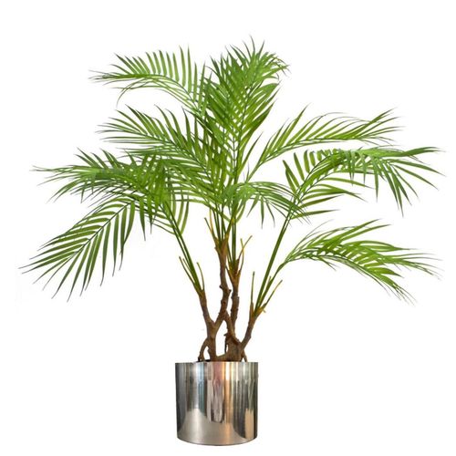 Artificial palm-style plant with slender green fronds in a polished silver metal planter, displayed on a white background.