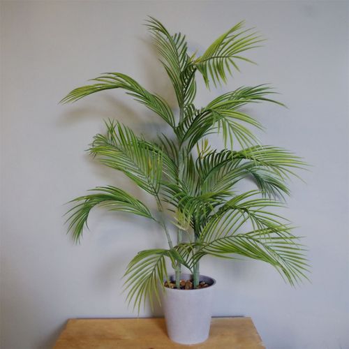 90cm artificial palm tree in decorative grey planter with 14 large leaves and adjustable stems, ideal for indoor decor.