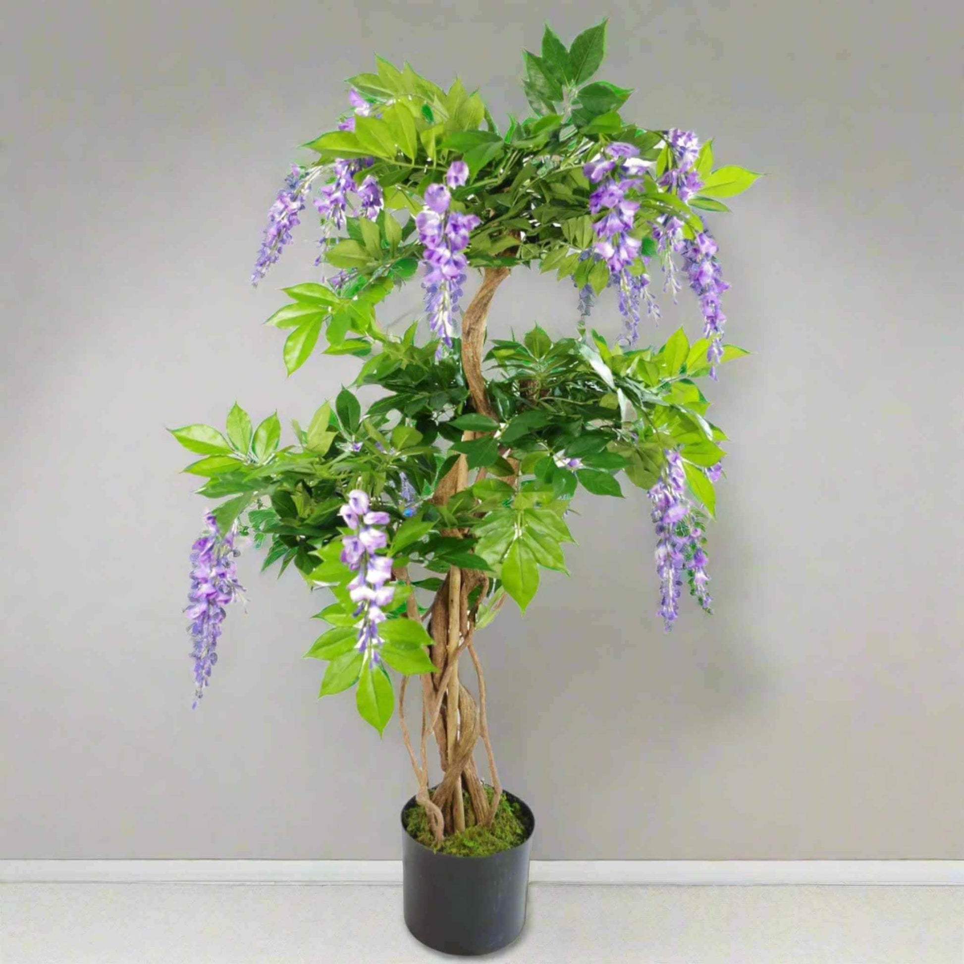 110cm artificial purple wisteria tree with a natural wood trunk and cascading lilac flowers in a black pot, displayed indoors against a light grey wall.
