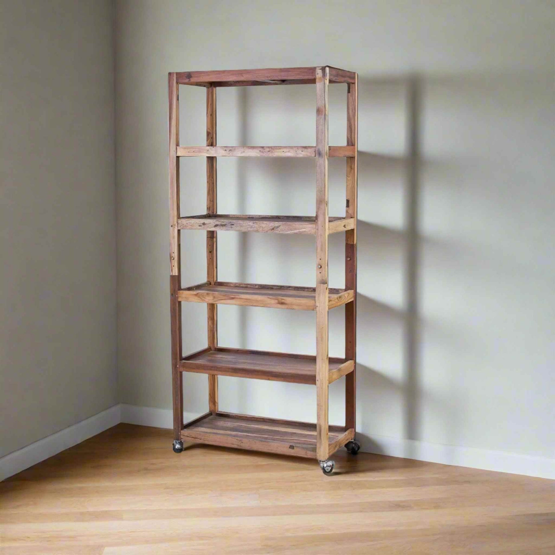 Angled view of a natural teak shelving unit with a rustic finish and open shelving design.