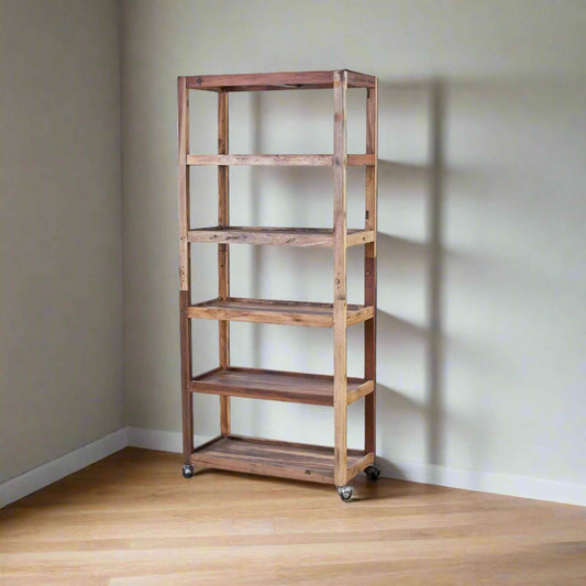 Angled view of a natural teak shelving unit with a rustic finish and open shelving design.