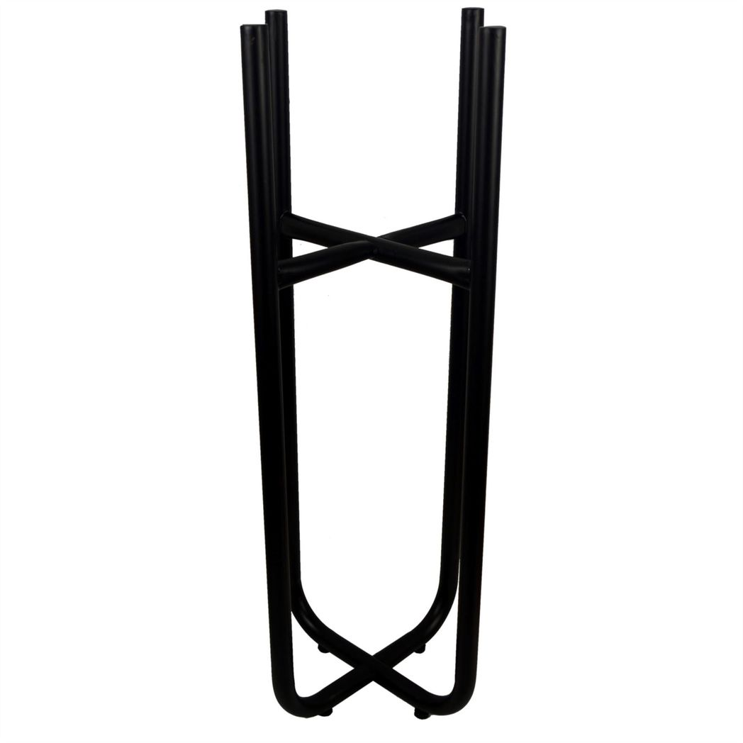 Empty black powder-coated metal planter stand, 62cm high, cross-frame base.