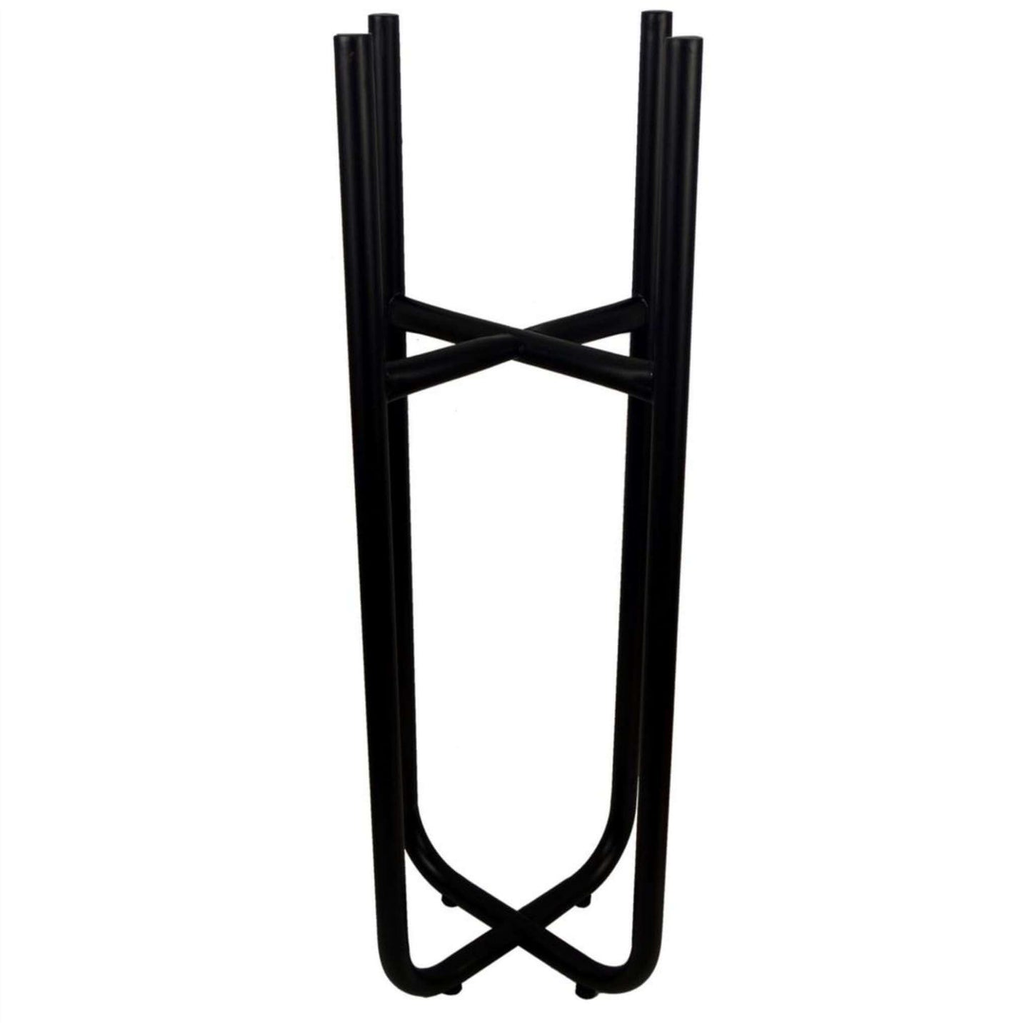Empty tall black metal stand with intersecting support bars and narrow legs, shown upright on a white background.