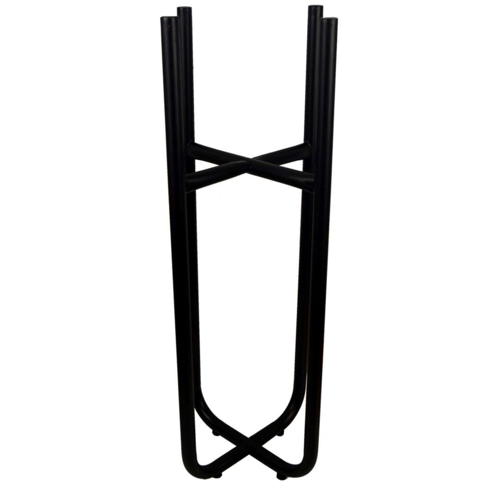 Empty tall black metal stand with intersecting support bars and narrow legs, shown upright on a white background.