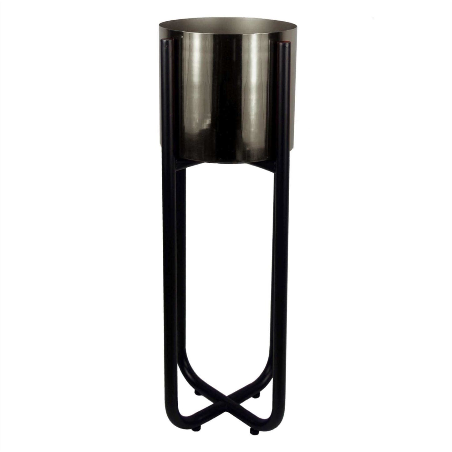  Empty tall black metal plant stand with silver planter insert, 62cm x 18cm, shown close-up to highlight its sleek design and reflective finish.