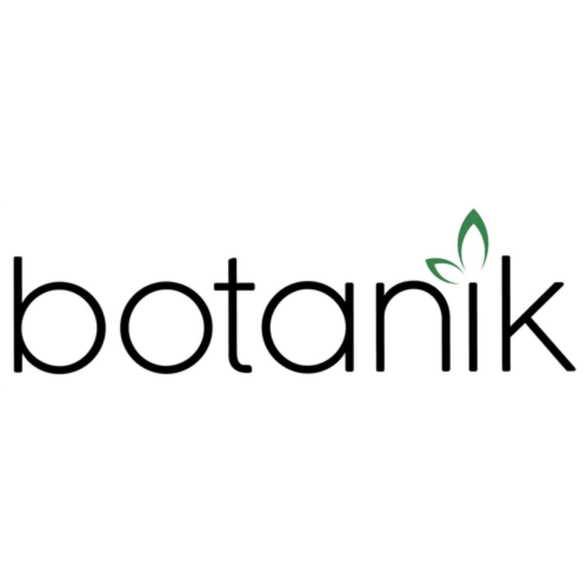 'Botanik' brand logo in black text with a green leaf graphic over the letter ‘i’.