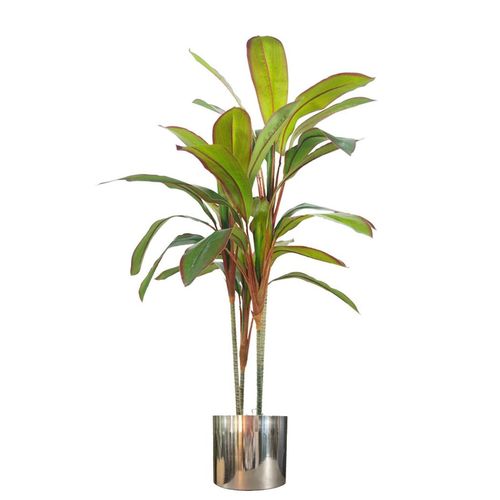 Broadleaf artificial plant with reddish stems and glossy green foliage in a polished silver planter, styled on a white background.