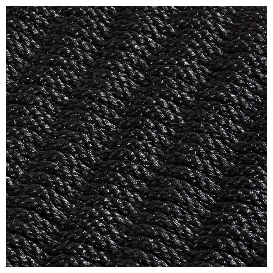 Flat view of charcoal braided doormat surface with raised rope weave.