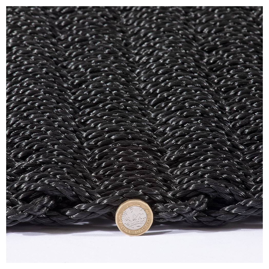 Side view of braided doormat with UK £1 coin for scale, showing 2.5cm thickness.