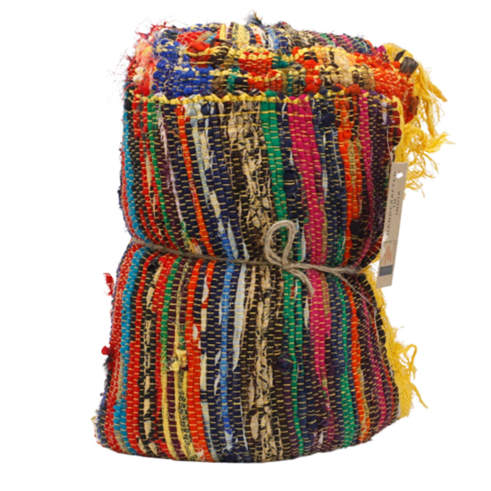 Rolled and tied rag rug, highlighting compact size and stripe detail.
