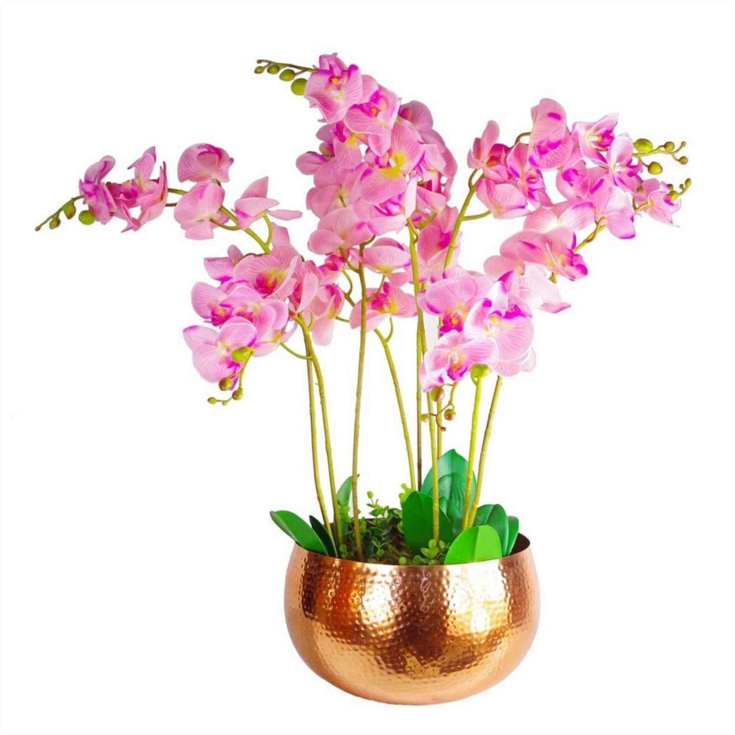 Hammered copper bowl planter displayed with pink orchid arrangement, highlighting reflective finish.
