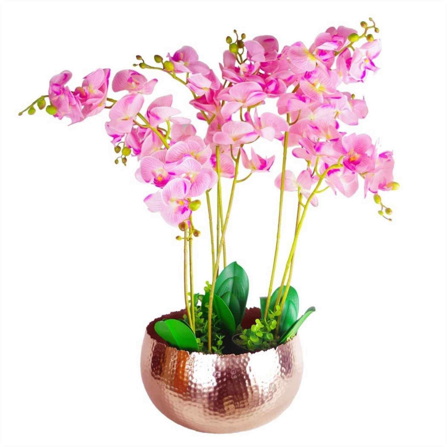 Hammered copper bowl planter displayed with pink orchid arrangement inside, showing decorative indoor use.