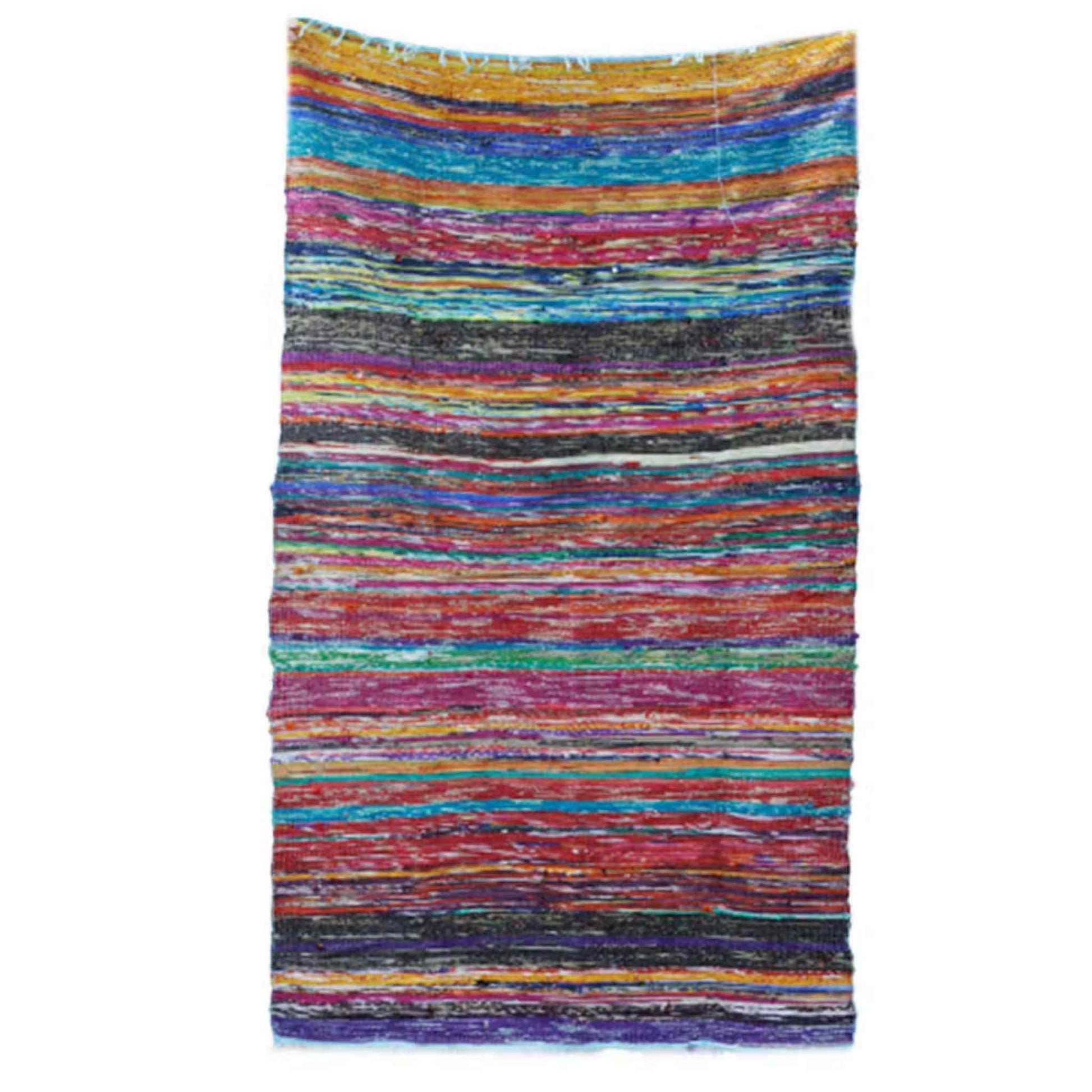 Full-length view of a multicoloured Indian rag rug with horizontal stripes in red, blue, and yellow shades.
