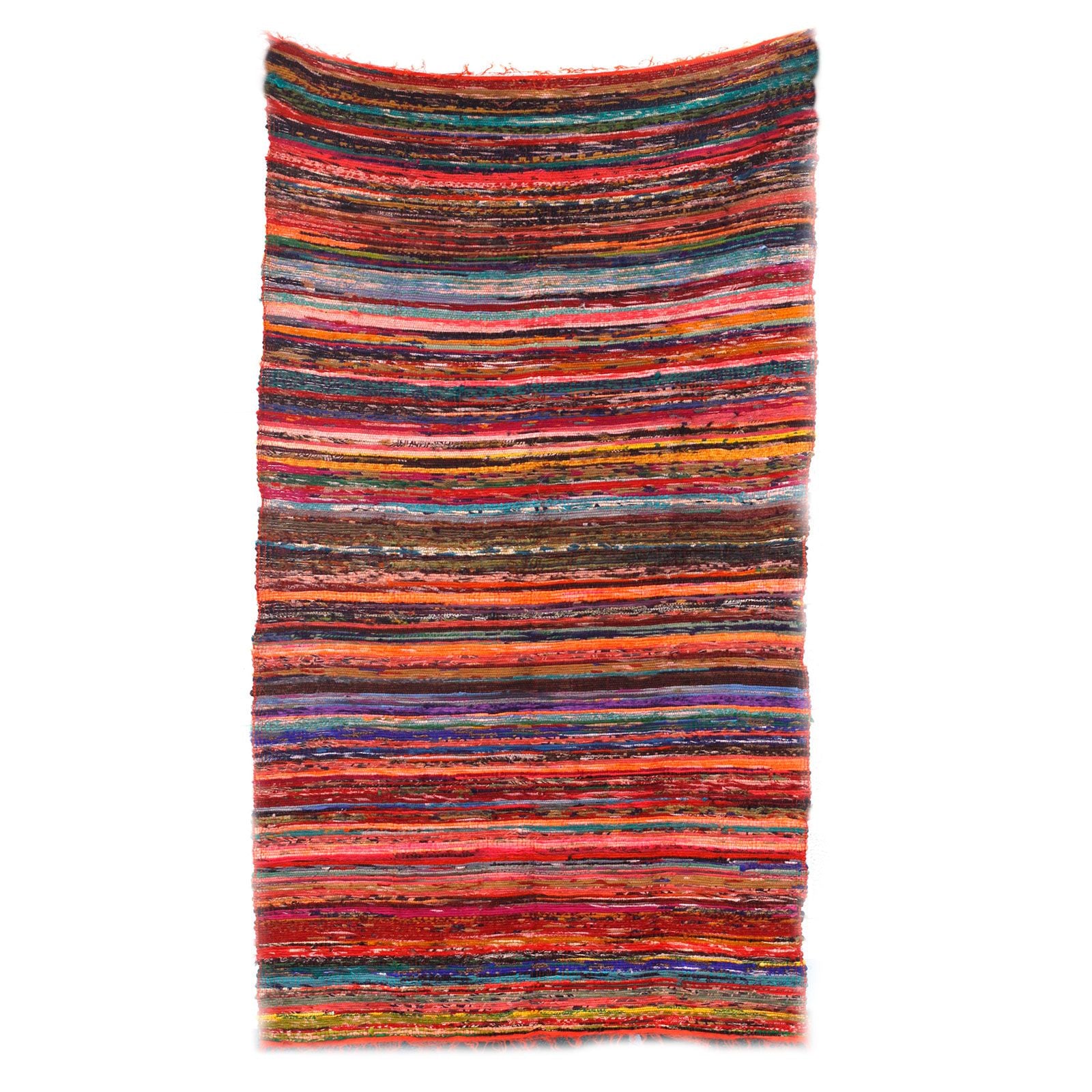 Full view of the orange-striped Indian rag rug in red, orange, and teal tones laid flat on a white background.