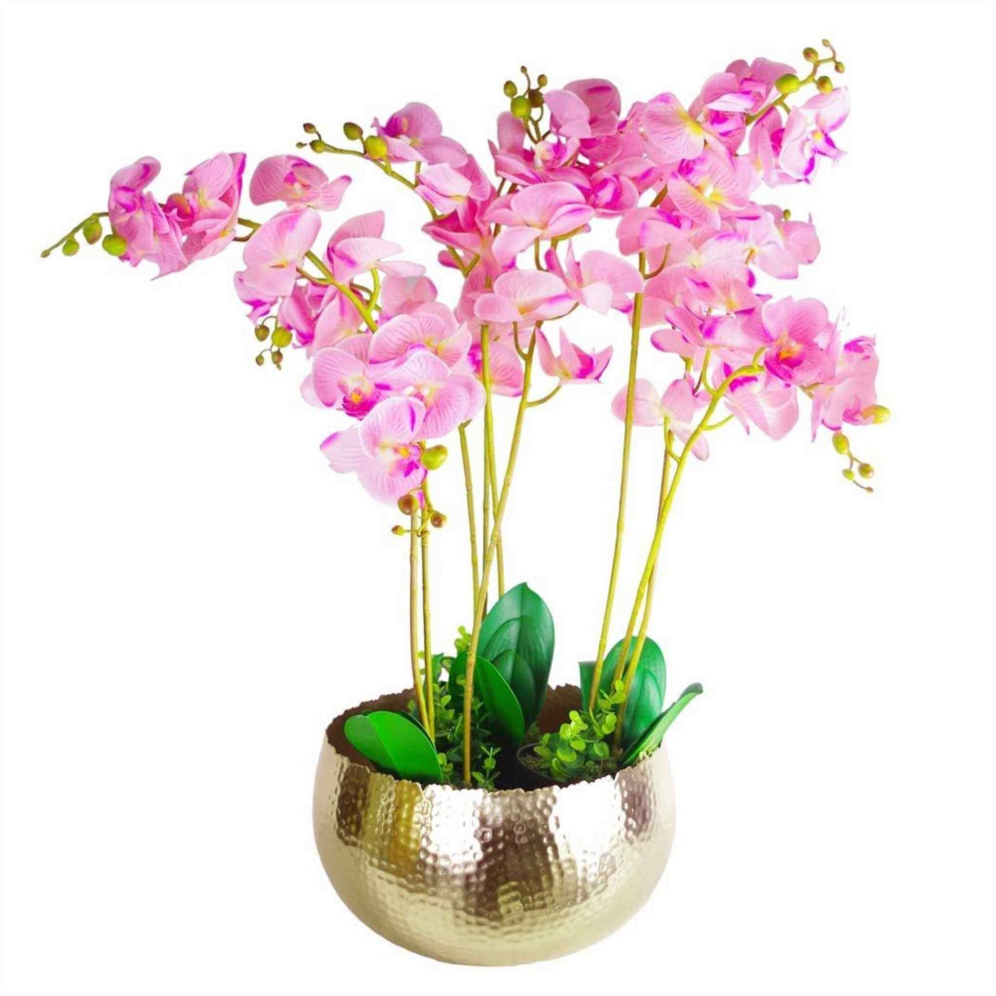 Gold metal planter with pink orchid display, demonstrating use as indoor decorative plant pot.