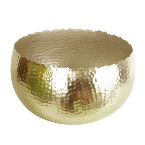 Gold hammered metal bowl planter with a curved edge, viewed empty against a white background.