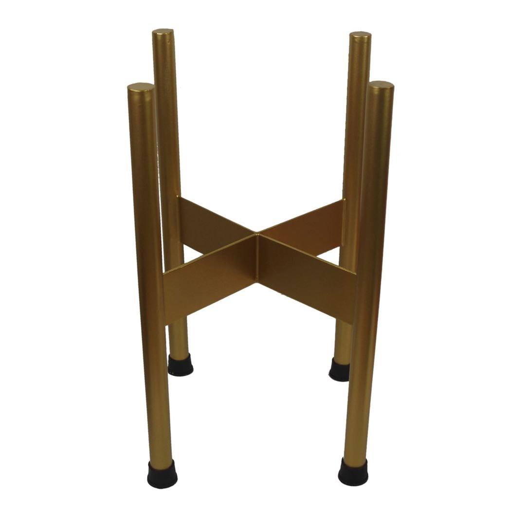 Gold metal planter set with matching cylindrical pot in stand, 38.5cm height.