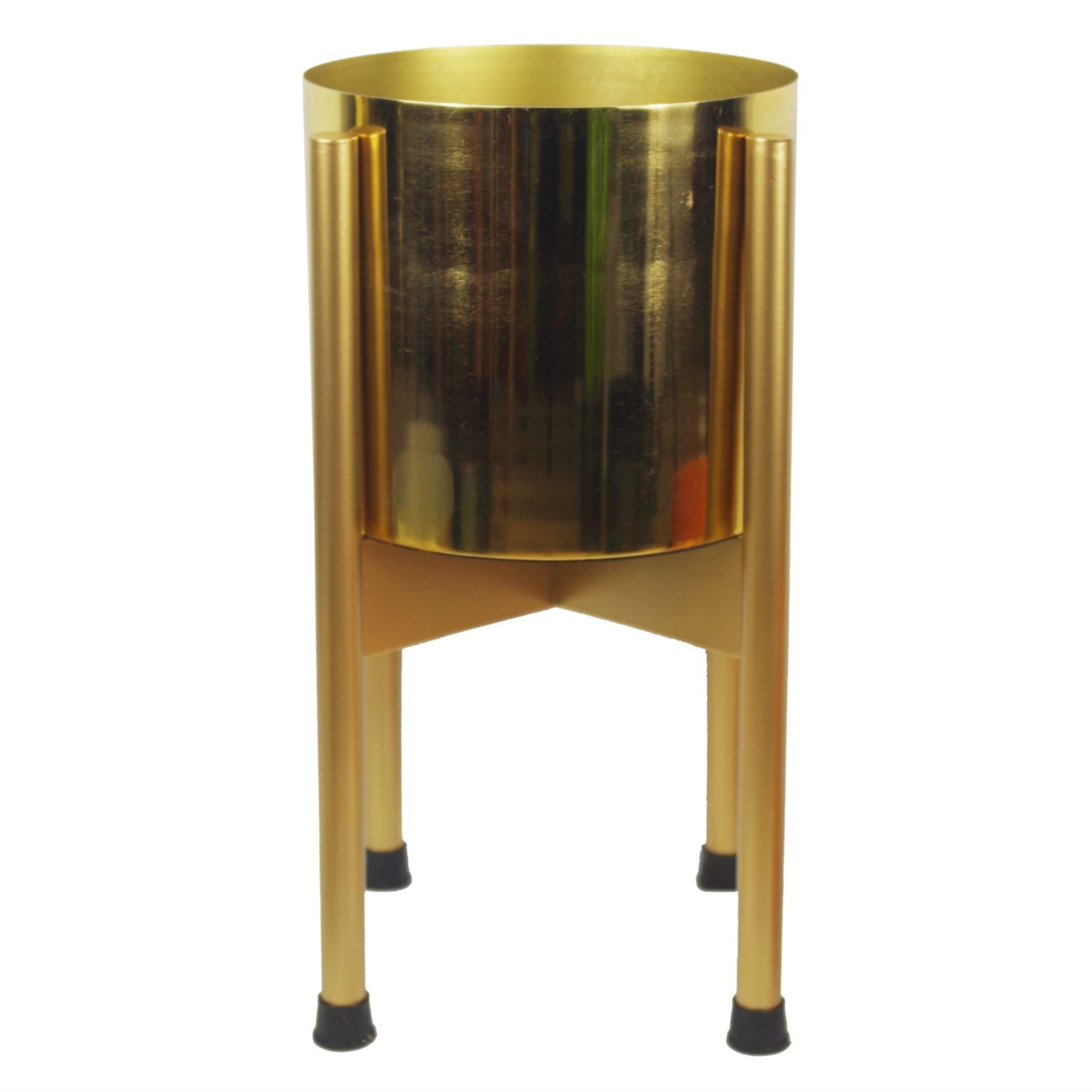 Gold metal planter stand with four tall legs and black rubber feet, 38.5cm height.
