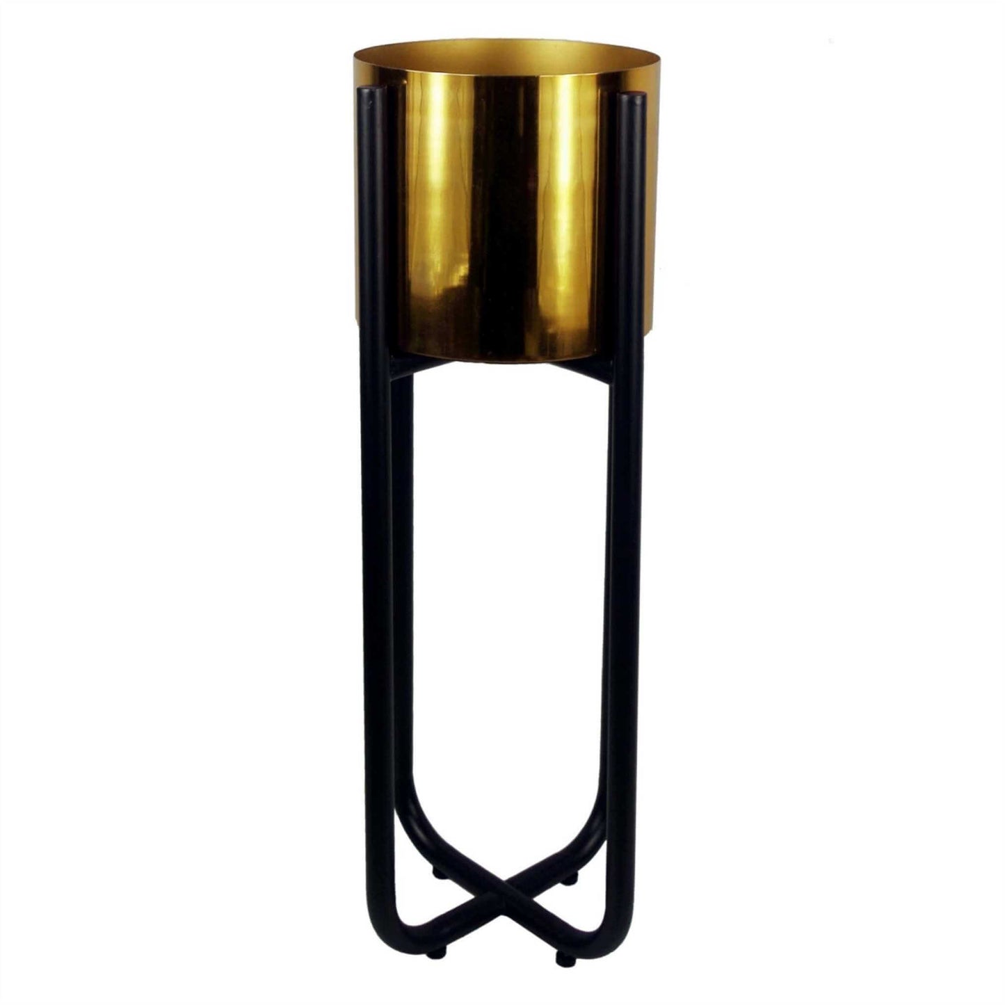Gold metal planter resting securely in a tall black metal stand, showing clean modern lines and reflective finish.