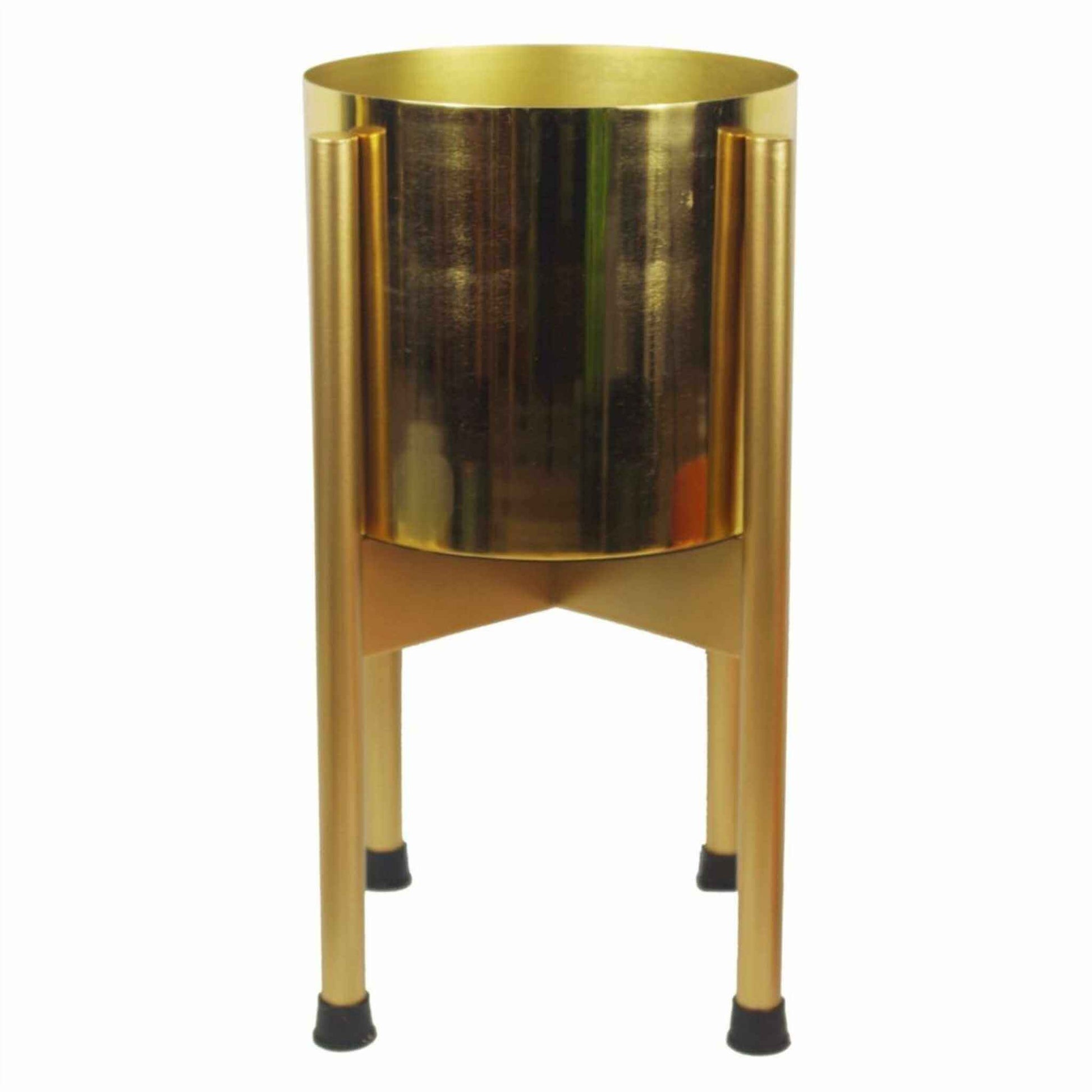 Gold metal planter pot on a matching stand with cylindrical design and protective feet showing full height display option.
