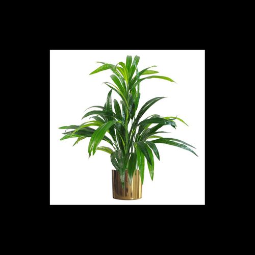 Gold planter paired with a glossy-leaf artificial plant, standing upright on a white background.