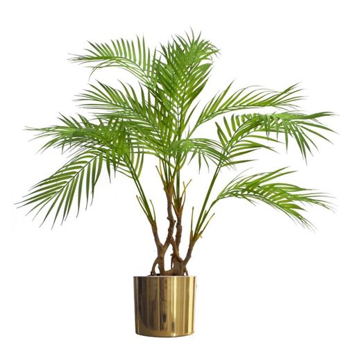 Gold planter holding a tall artificial palm, styled in a bright white setting for contrast.
