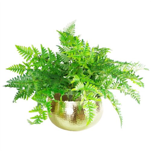 Hammered gold bowl planter filled with lush artificial fern leaves.