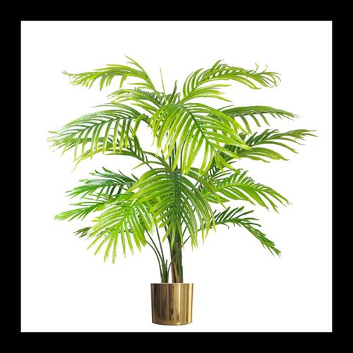 Broadleaf artificial plant in a polished gold pot, shot front-on against a clean white backdrop.