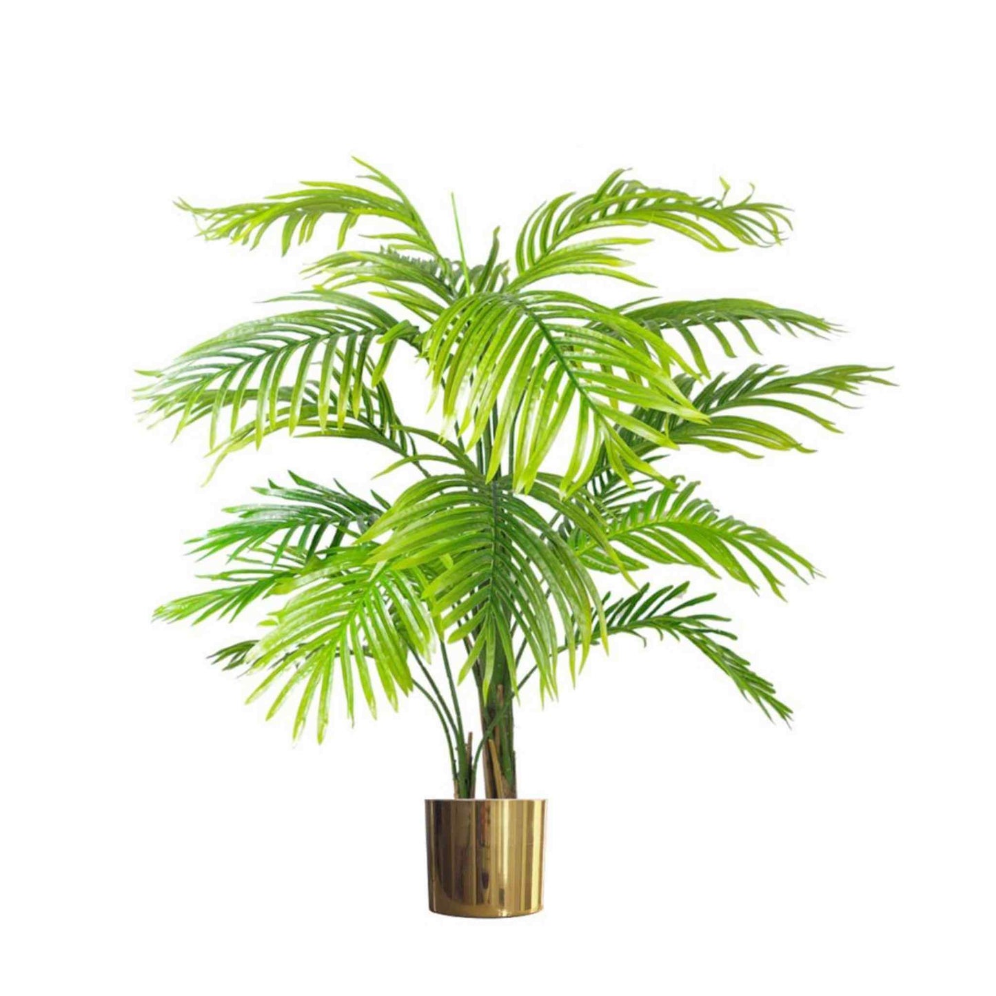 Gold metal planter holding a full green palm plant, demonstrating scale and use.