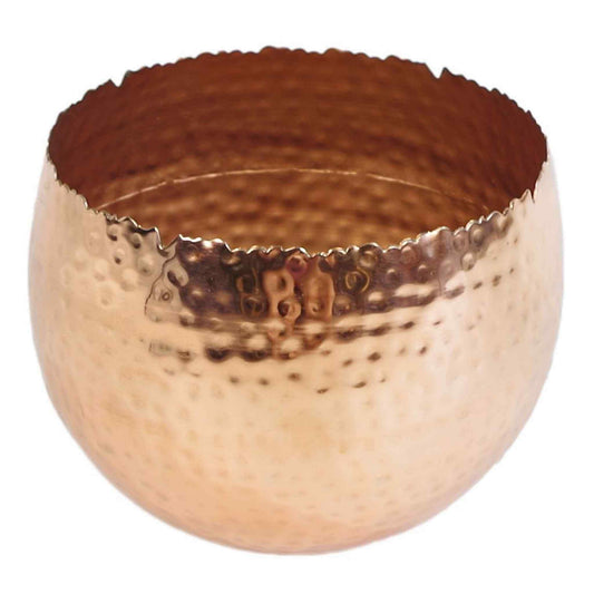 Large hammered copper metal planter with a curved edge, 22 × 17 cm, shown on a white background to highlight its warm, reflective finish.